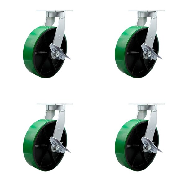 Service Caster 12'' Heavy Duty Green Poly on Cast Iron Caster Set 4 Brakes 2 Swivel Locks, 4PK CRAN-KP92S1230-PUR-GB-SLB-BSL2SLB-2 - main